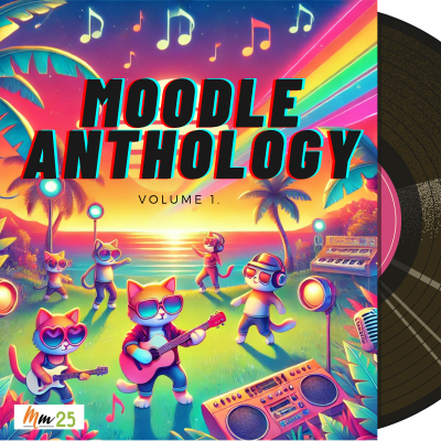 Pochette de l'album Moodle Anthology. Des chatons à lunettes jouent de la musique sur un fond de coucher de soleil. 