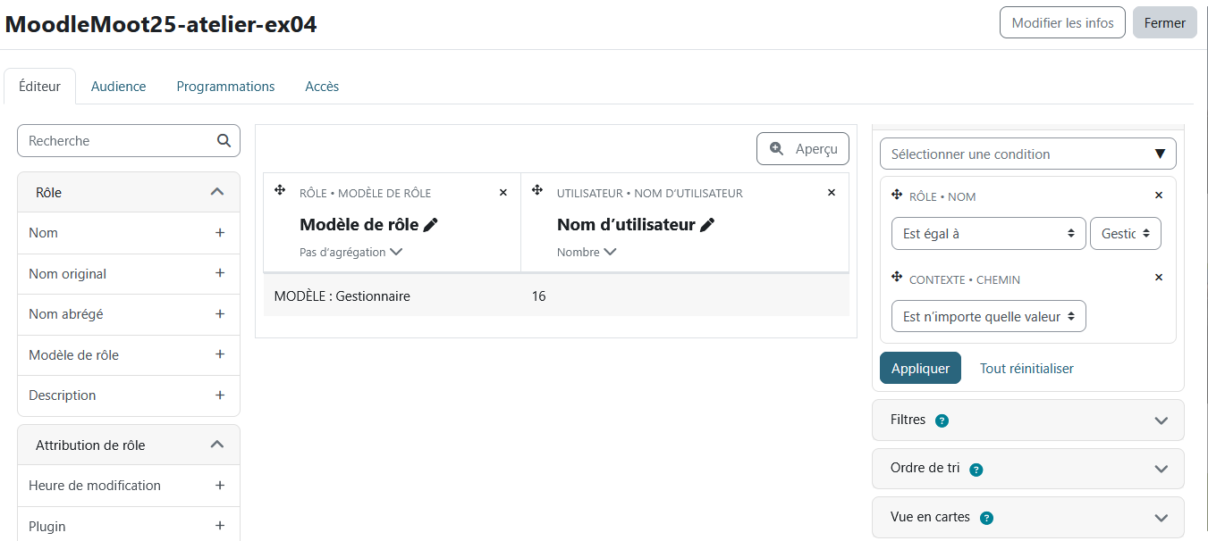 Capture du rapport personnalisé affichant le nombre de gestionnaires sur une instance Moodle