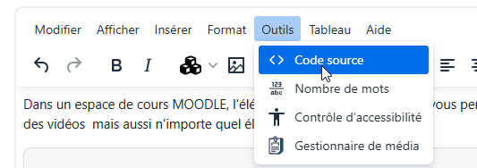 Image montrant le menu "outils" ouvert et l'item à choisir (ici "Code source", en surbrillance)